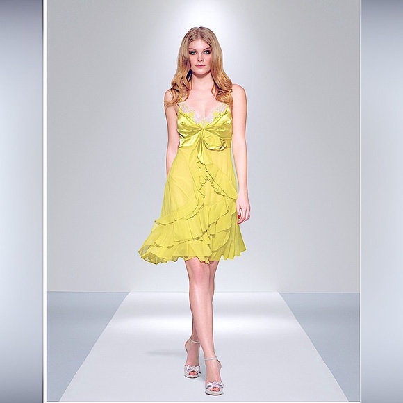 KAREN MILLEN Vintage 90s Silk Chartreuse Ruffled Dress in Citrine Sz 8 - Picture 1 of 8